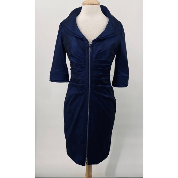 Joseph Ribkoff Dramatic Moldable Collar Sheath Dress Zip Front Metallic Blue 10 - Picture 2 of 16